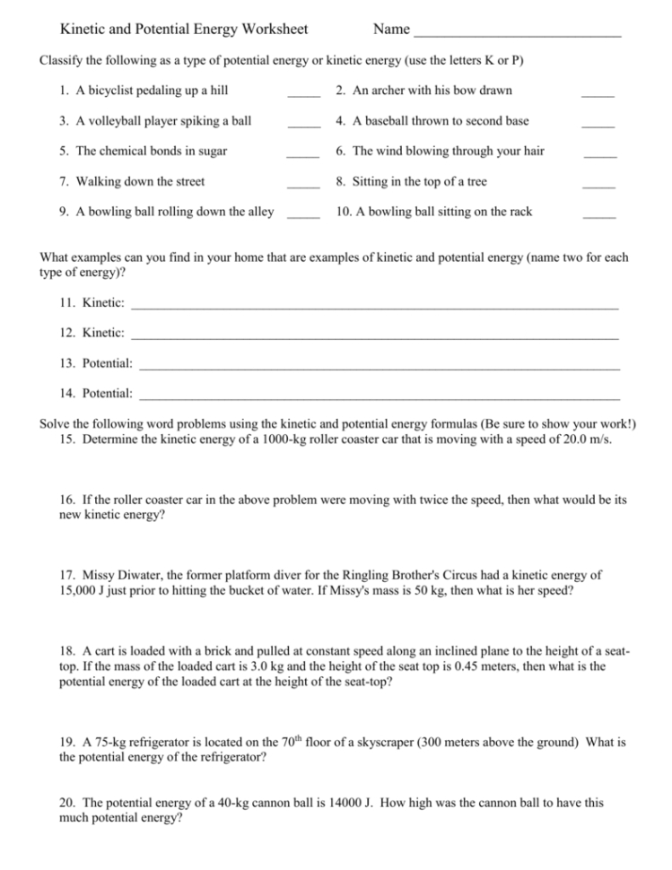 Potential And Kinetic Energy Roller Coaster Worksheet — Db-Excel with regard to Potential Vs Kinetic Energy Worksheet