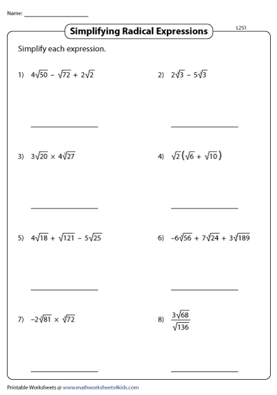 Practice Worksheet Simplifying Radical Expressions With Simplifying Radical Expressions Worksheet Answers
