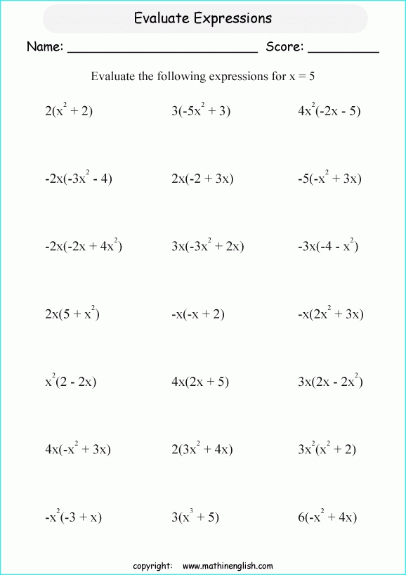 Printable Primary Math Worksheet For Math Grades 1 To 6 Based On The pertaining to Evaluating Algebraic Expressions Worksheet