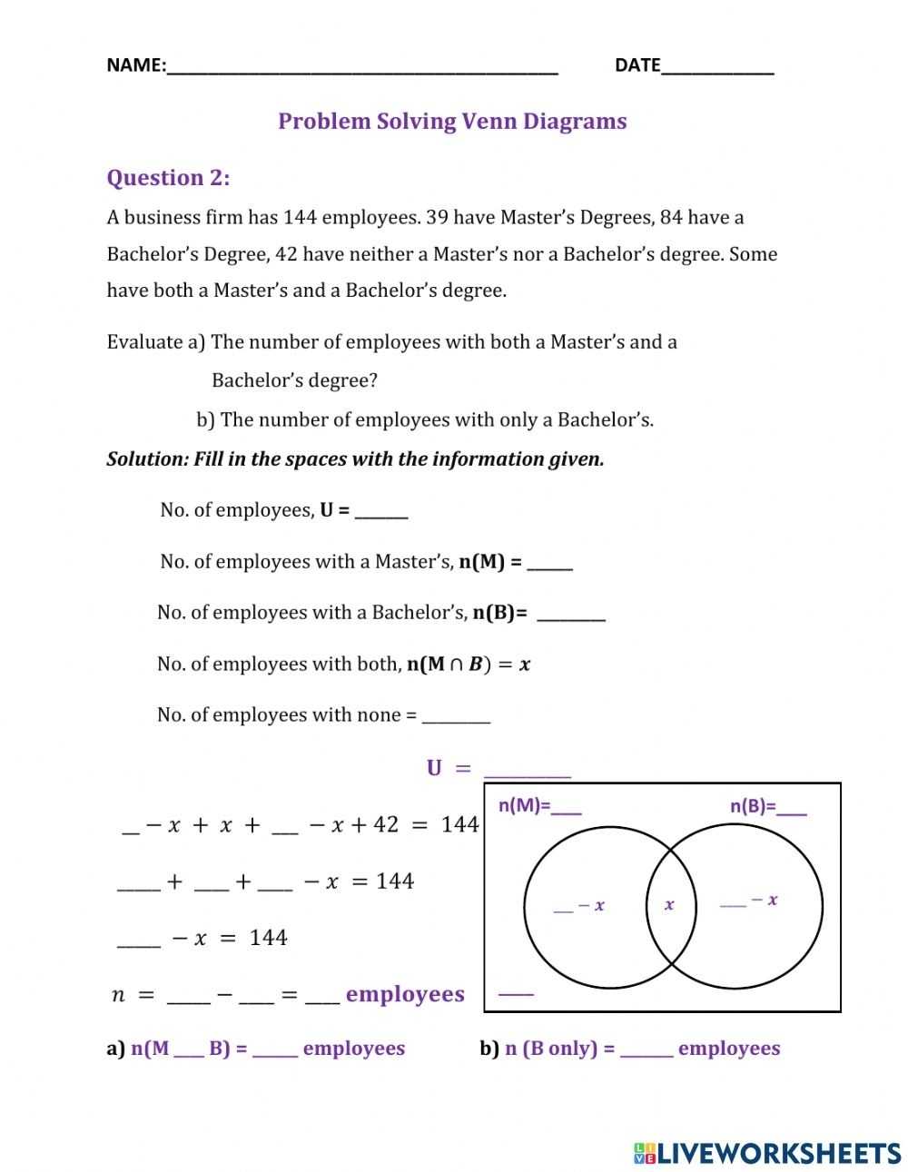 Problem Solving Venn Diagrams Q2 Worksheet with Venn Diagram Word Problems Worksheet