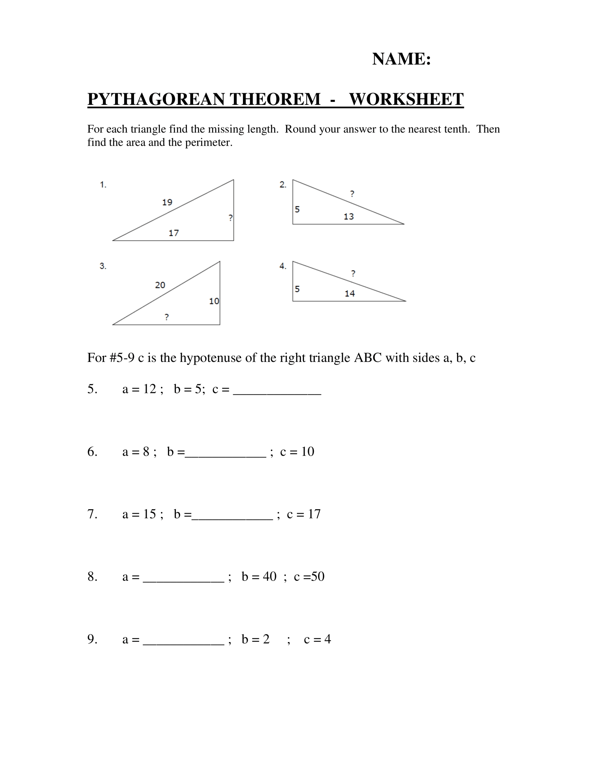 Pythagorean Theorem Worksheet Answer Key intended for Pythagorean Theorem Worksheet With Answers