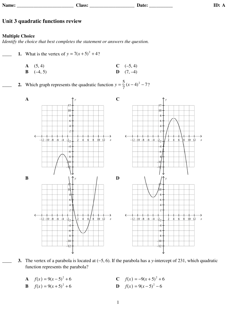Quadratic Functions Review Worksheet Download Printable Pdf For Graphing Quadratic Functions Worksheet