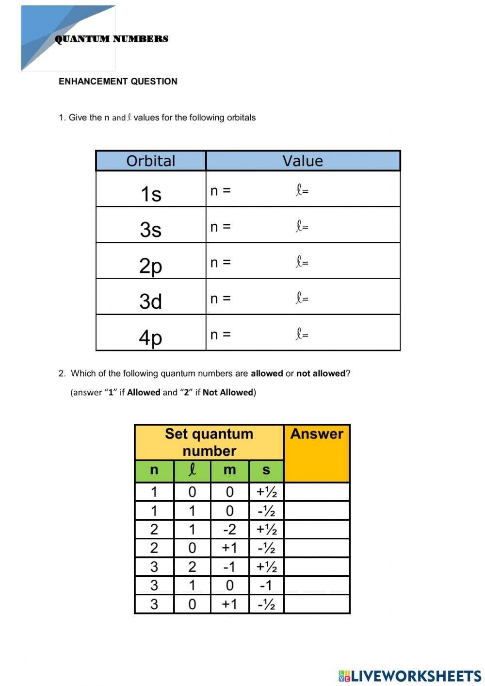 Quantum Numbers Worksheet Answers inside Quantum Numbers Practice Worksheet