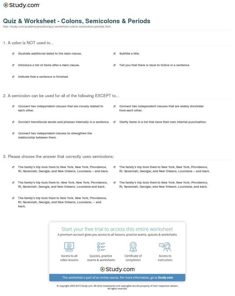 Quiz Worksheet Colons Semicolons Periods Study — Db Excel With Regard To Semicolons And Colons Worksheet