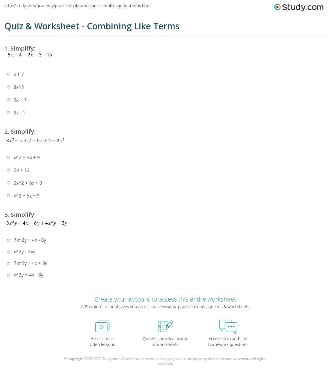 Quiz &amp; Worksheet - Combining Like Terms | Study in Combining Like Terms Practice Worksheet