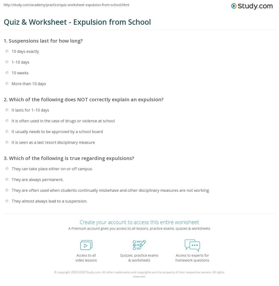 Quiz & Worksheet - Expulsion From School | Study For In School Suspension Worksheet