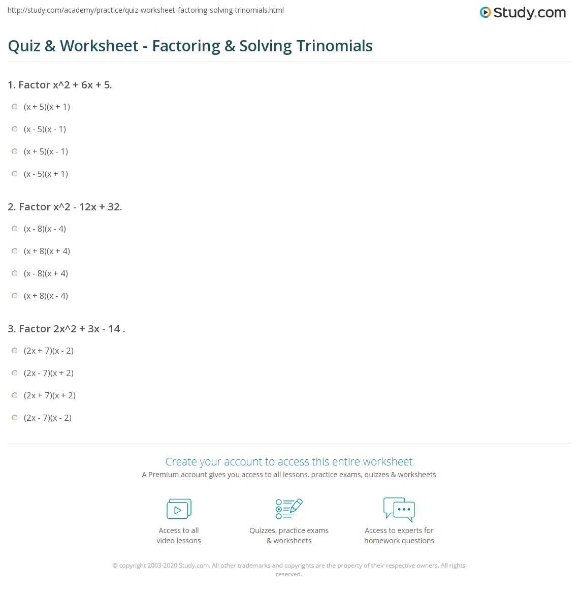 Quiz &amp; Worksheet - Factoring &amp; Solving Trinomials | Study for Factoring Trinomials Practice Worksheet