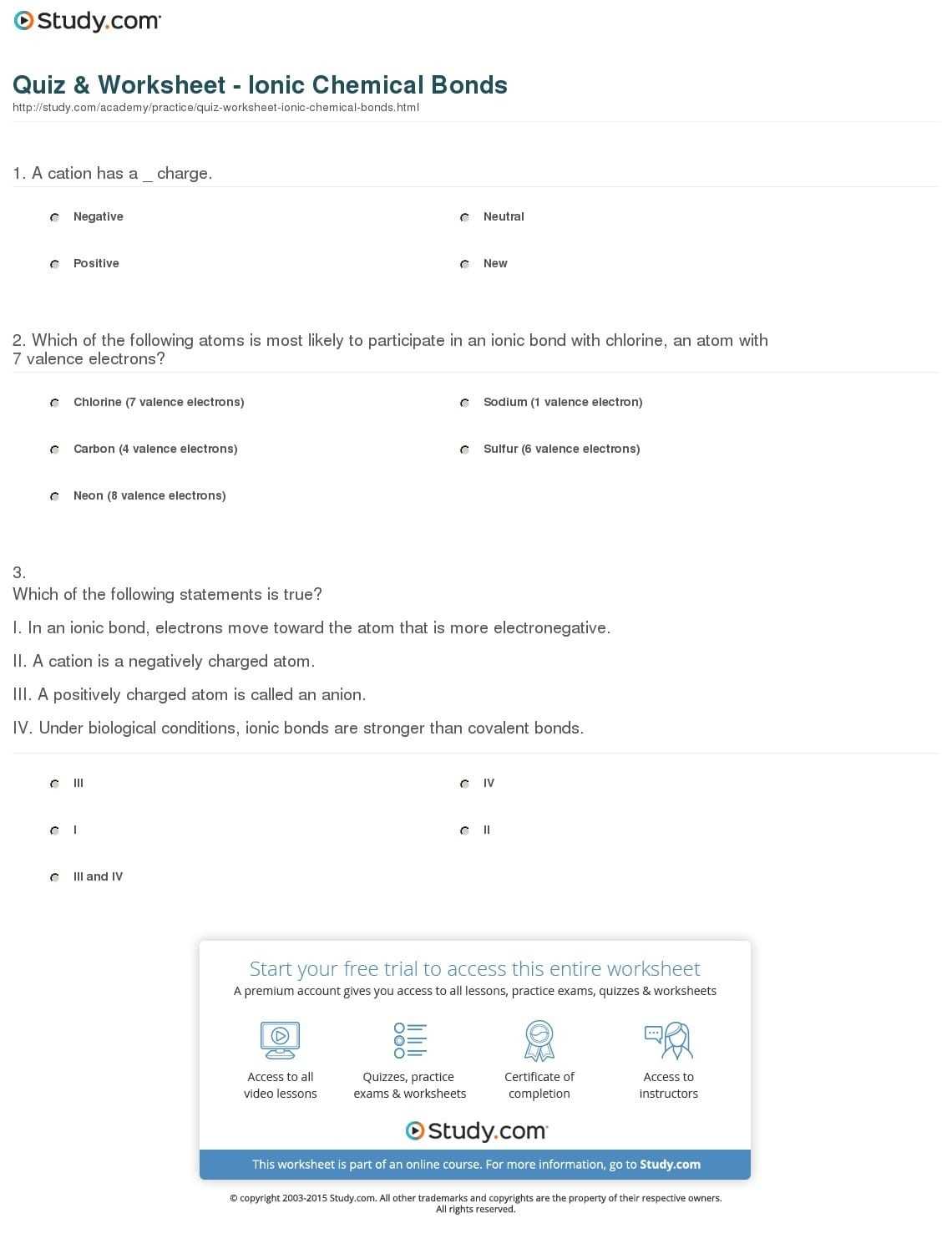 Quiz Worksheet Ionic Chemical Bonds Study — Db Excel In Chemical Bonds Ionic Bonds Worksheet
