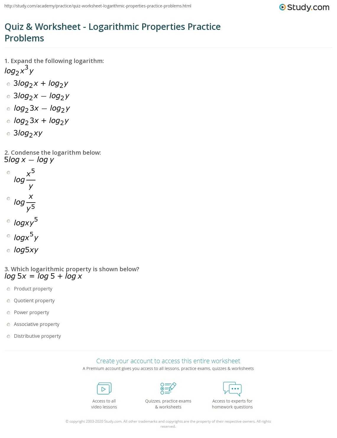 Quiz & Worksheet - Logarithmic Properties Practice Problems | Study Throughout Logarithm Worksheet With Answers