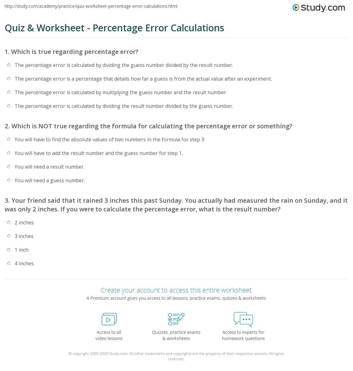 Quiz & Worksheet - Percentage Error Calculations | Study Intended For Percent Error Worksheet Answers