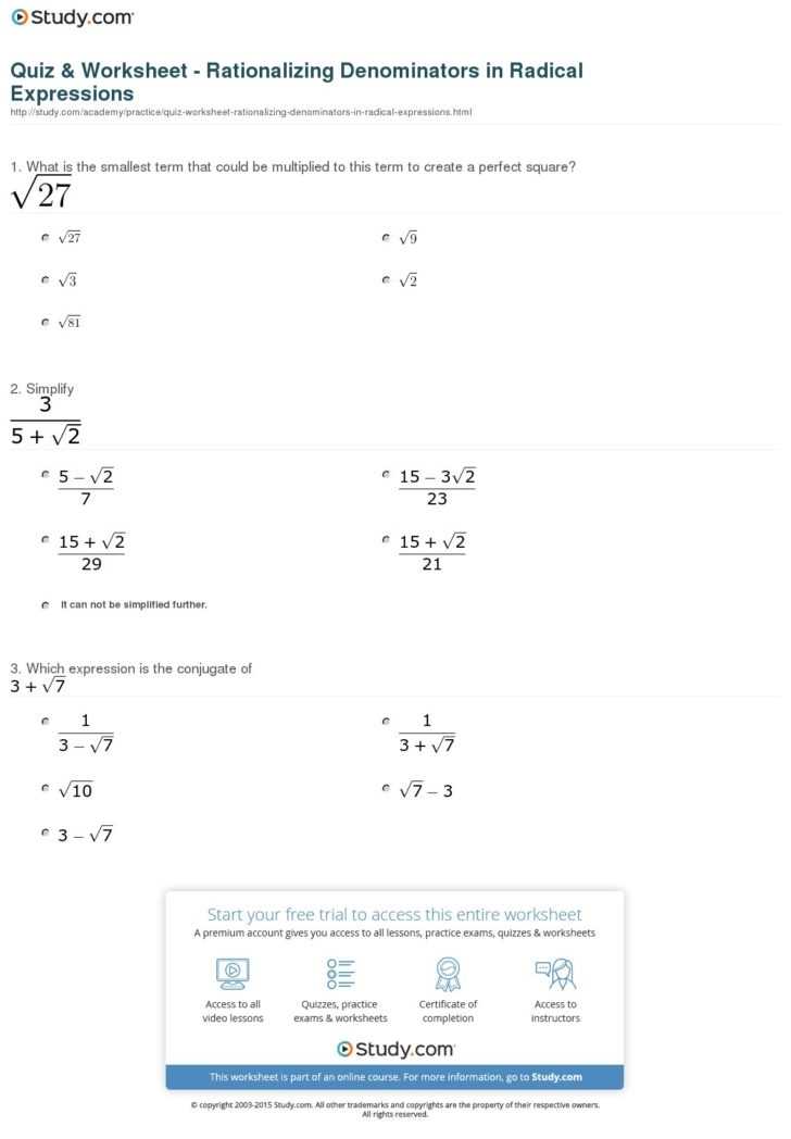 Quiz Worksheet Rationalizing Denominators In Radical — Db-Excel regarding Rationalizing The Denominator Worksheet