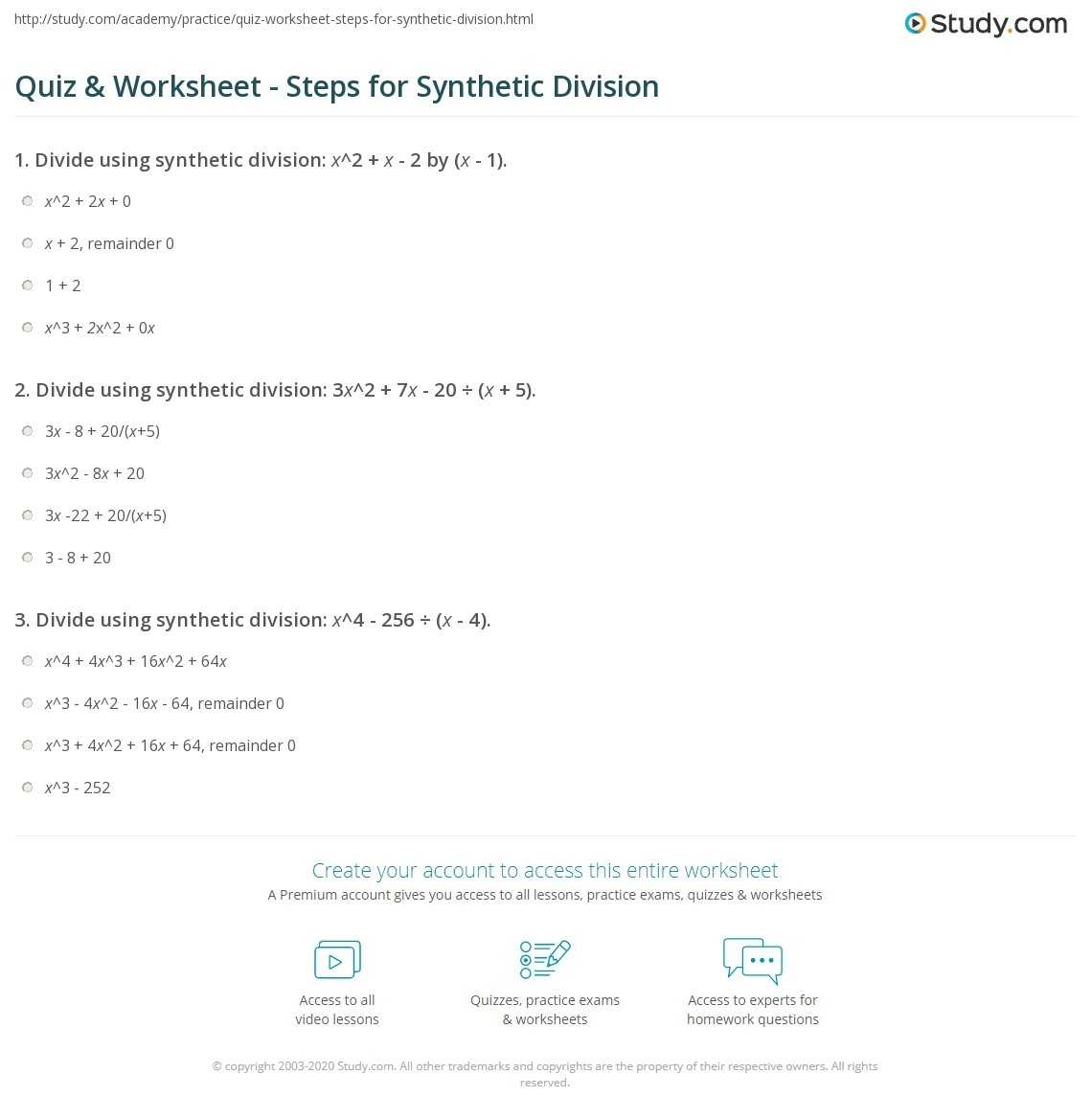 Quiz & Worksheet - Steps For Synthetic Division | Study In Synthetic Division Worksheet With Answers