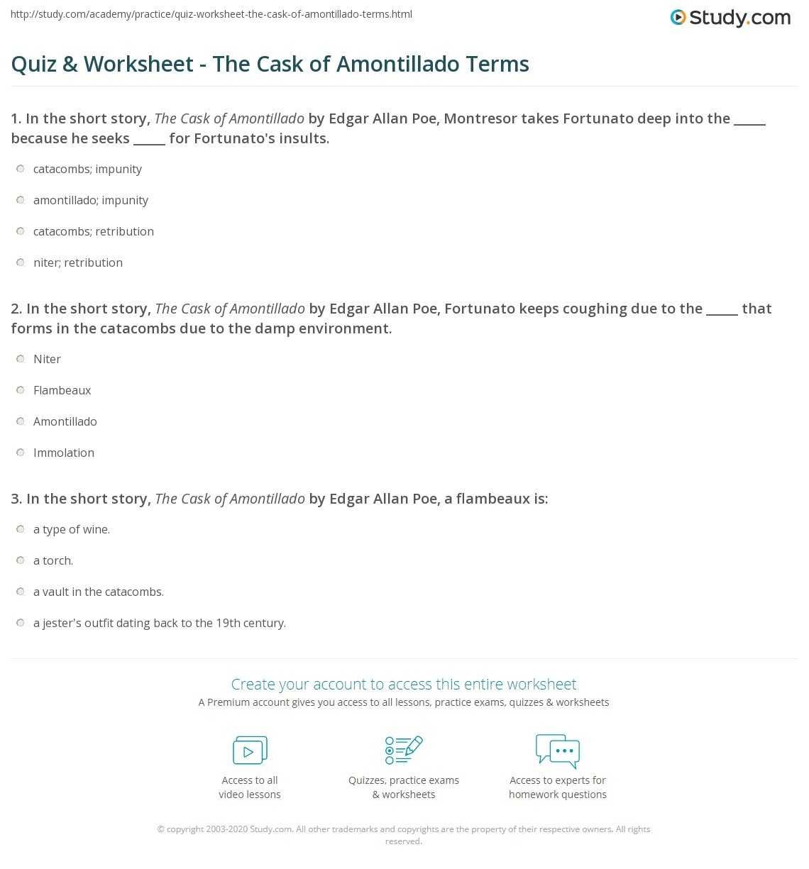 Quiz &amp; Worksheet - The Cask Of Amontillado Terms | Study throughout The Cask Of Amontillado Worksheet