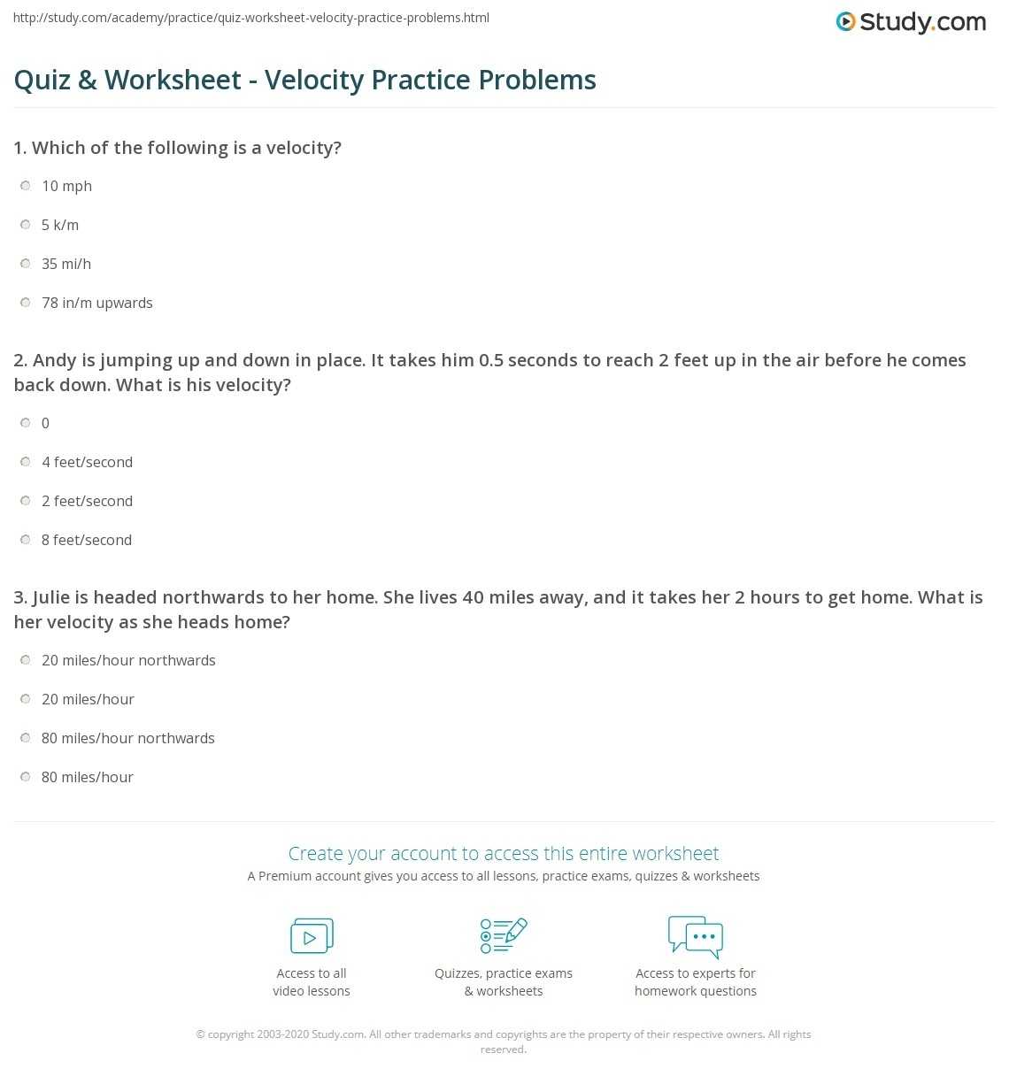 Quiz &amp; Worksheet - Velocity Practice Problems | Study in Speed Practice Problems Worksheet