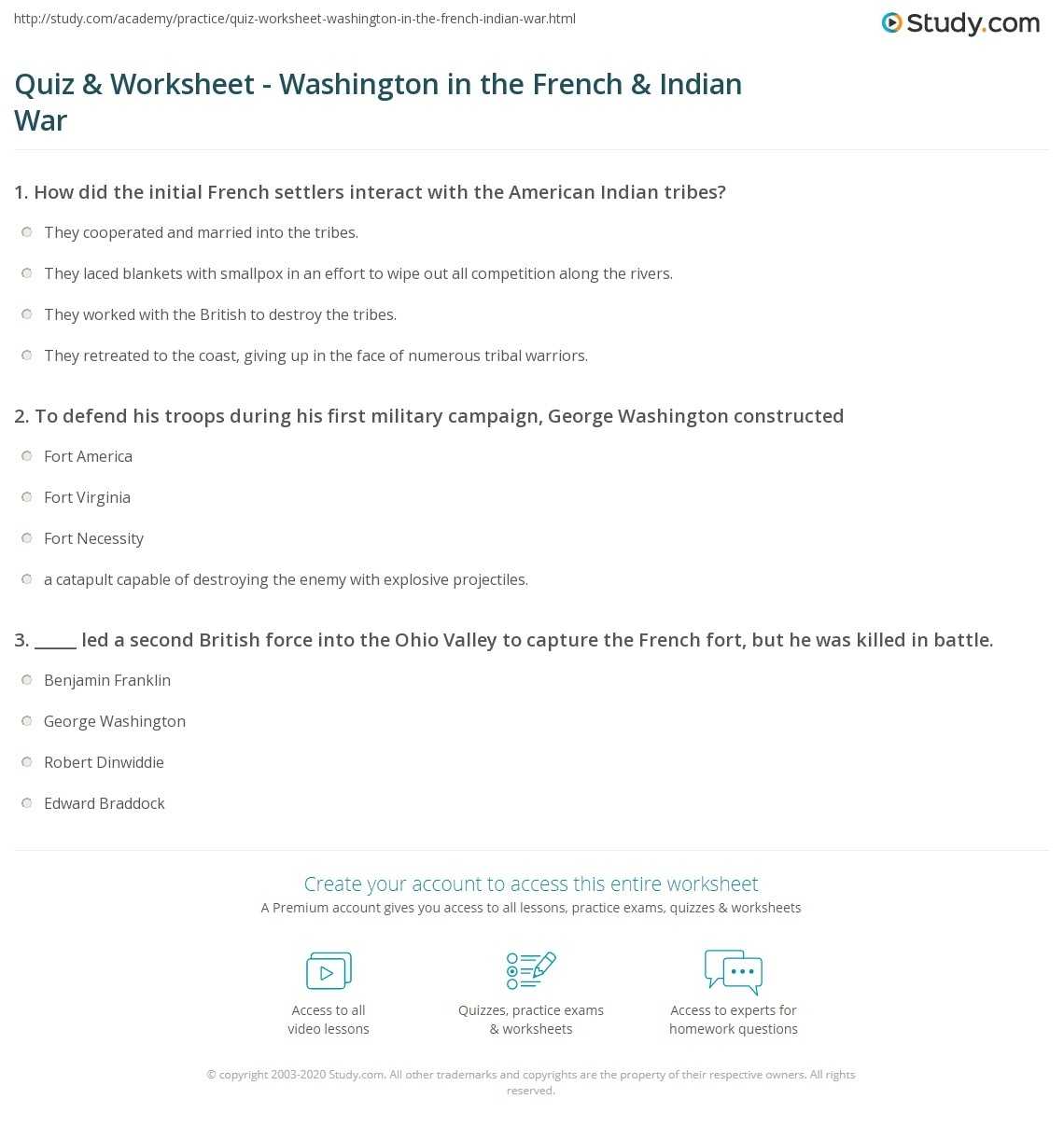 Quiz &amp; Worksheet - Washington In The French &amp; Indian War | Study inside French And Indian War Worksheet