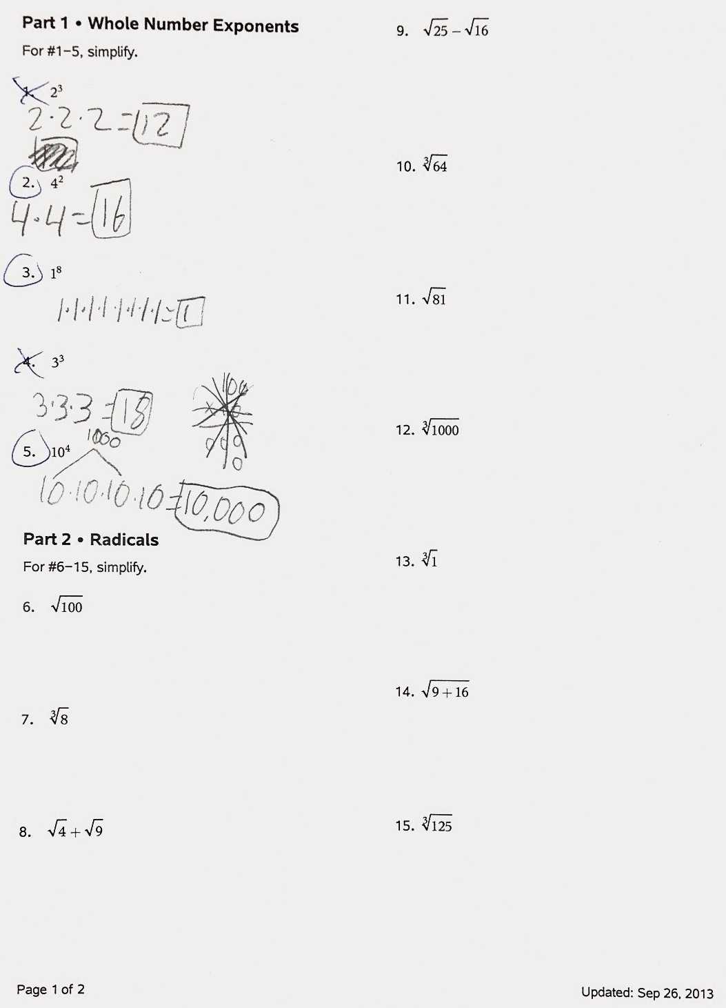 Radicals And Rational Exponents Worksheet regarding Rational Exponents And Radicals Worksheet