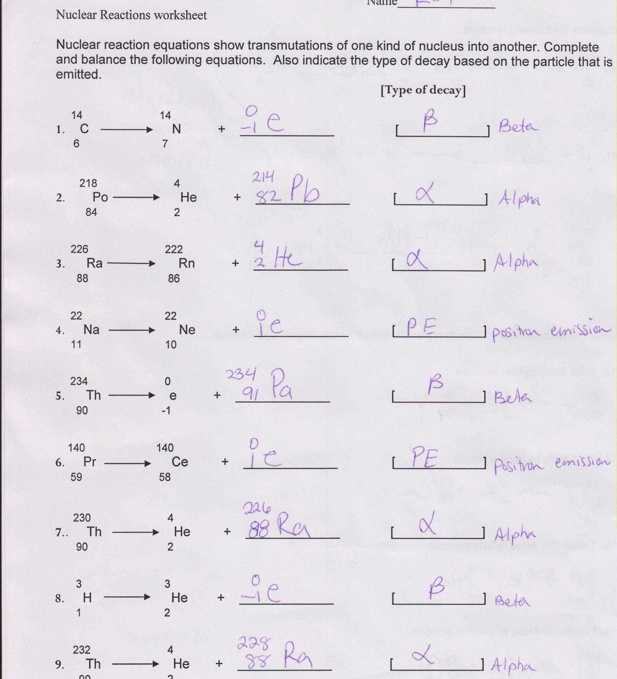 Radioactive Decay Worksheet Answers for Nuclear Decay Worksheet Answers