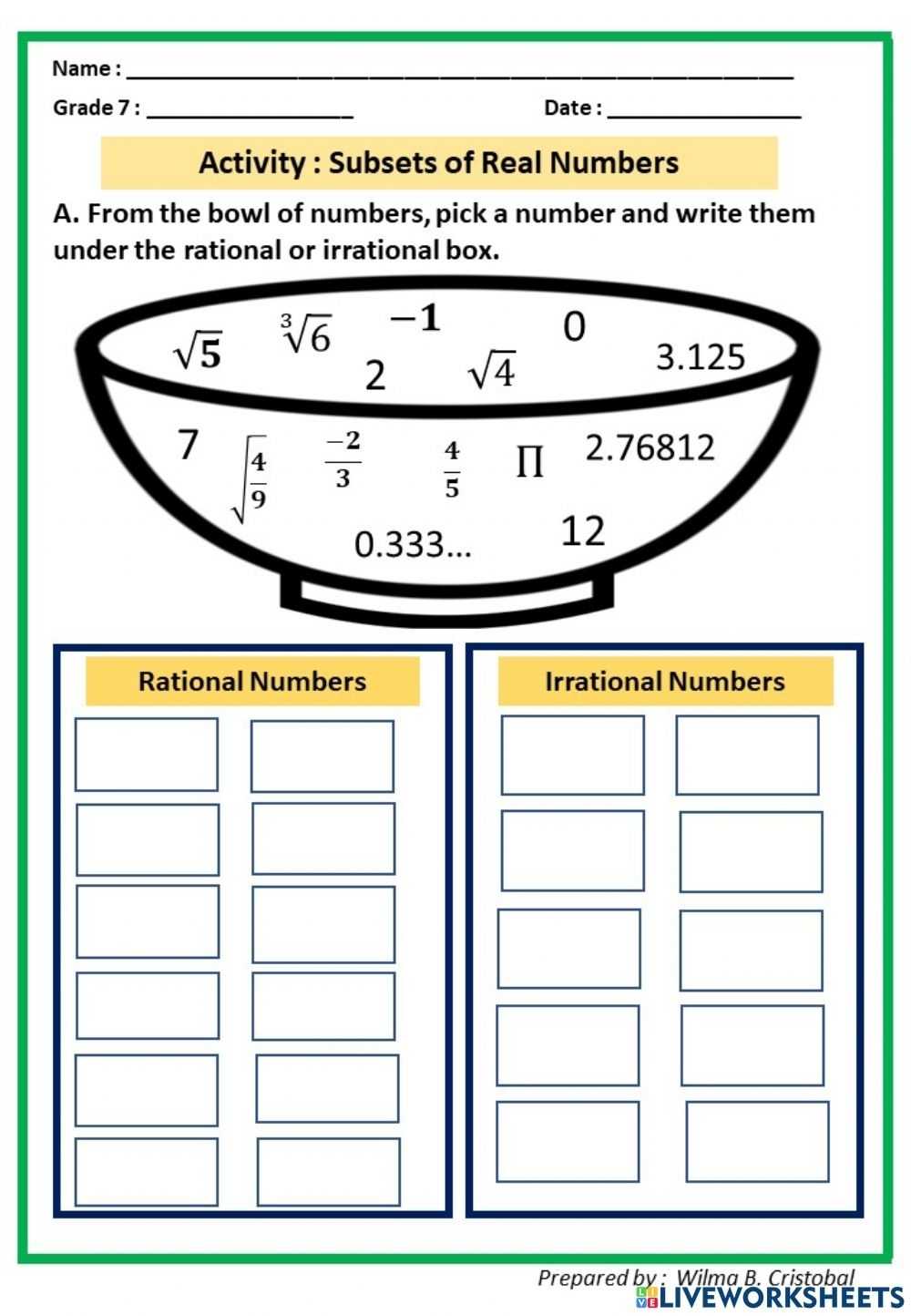 Rational Vs Irrational Numbers Worksheet with regard to Rational Or Irrational Worksheet