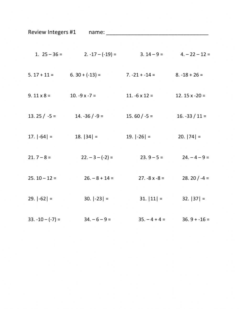 Review Integers 1 Worksheet Pertaining To Integers And Absolute Value Worksheet