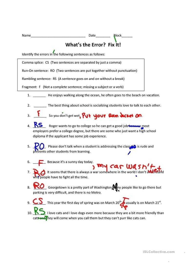 Run-On Sentences, Comma Splices, Rambling Sentences, And Fragments regarding Run On Sentence Worksheet