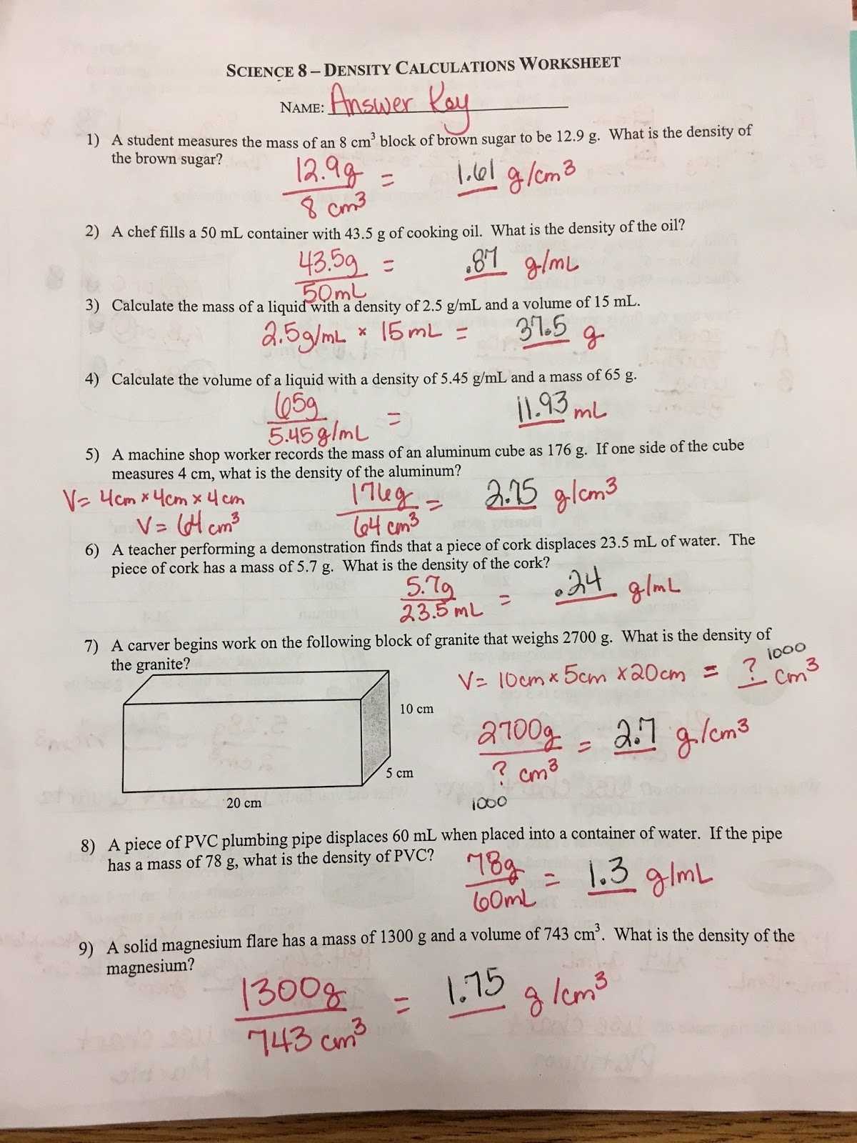 Science 8: Density Homework Answer Key within Science 8 Density Calculations Worksheet