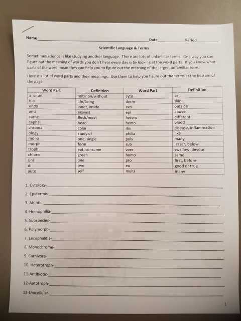 Scientific Language And Terms Worksheet within Language Of Science Worksheet