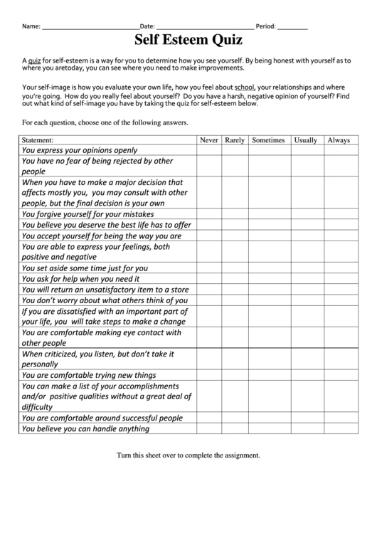 Self Esteem Quiz Worksheet Printable Pdf Download inside Self Esteem Worksheet For Adults
