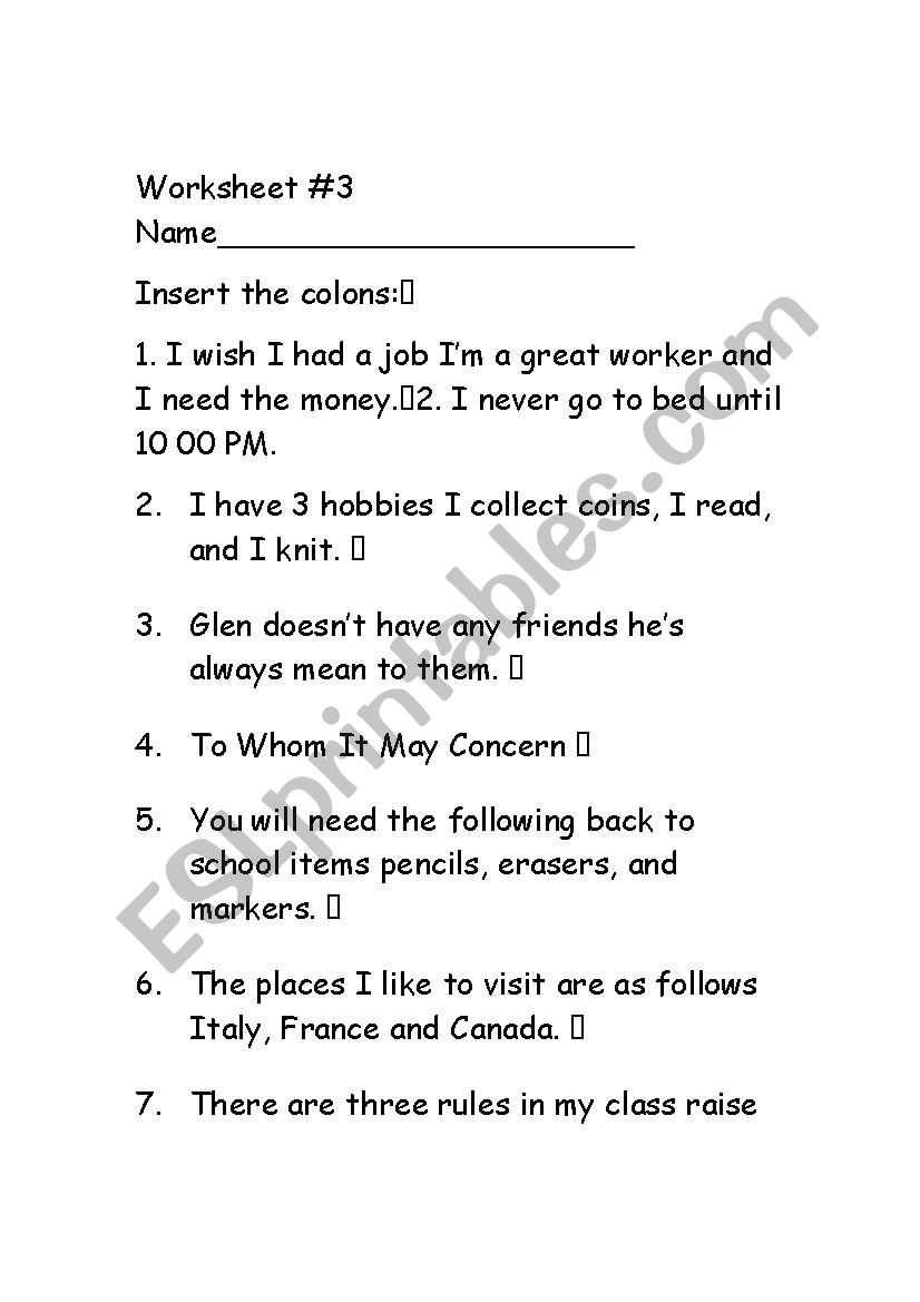 Semicolon And Colon Worksheet For Semicolon And Colon Worksheet
