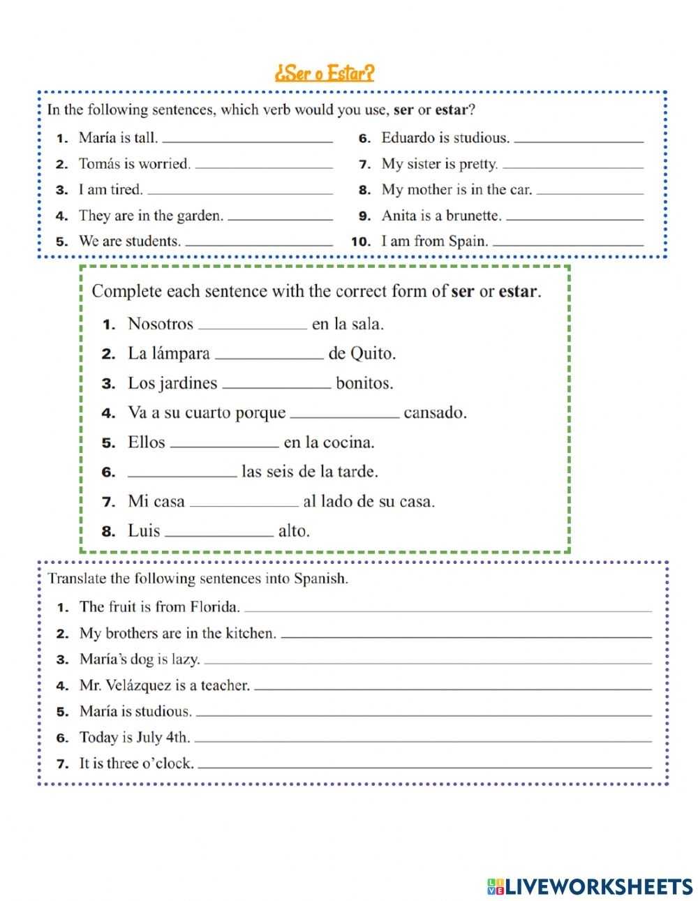 Ser V Estar Worksheet inside Ser Vs Estar Worksheet