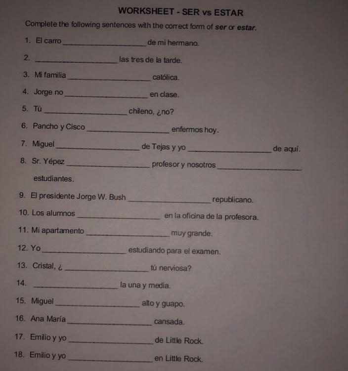Ser Vs. Estar Worksheet Printable within Ser Estar Worksheet Answers