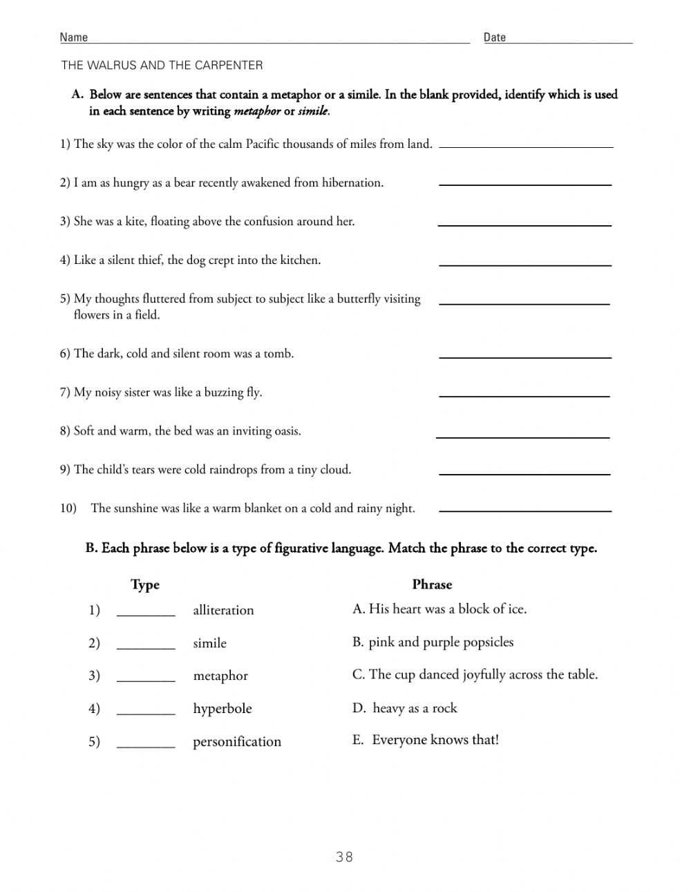Simile And Metaphor Worksheet 1 Answers - Metaphor Worksheets Pdf Db Excelcom - Brenton Mckee pertaining to Simile And Metaphor Worksheet