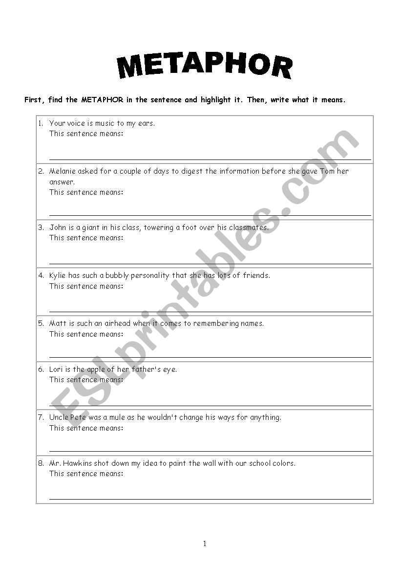 Simile And Metaphor Worksheets For Middle School | Worksheets Pertaining To Simile And Metaphor Worksheet