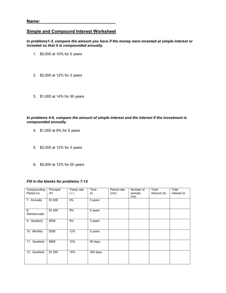 Simple And Compound Interest Worksheet Answers — Db-Excel throughout Simple And Compound Interest Worksheet