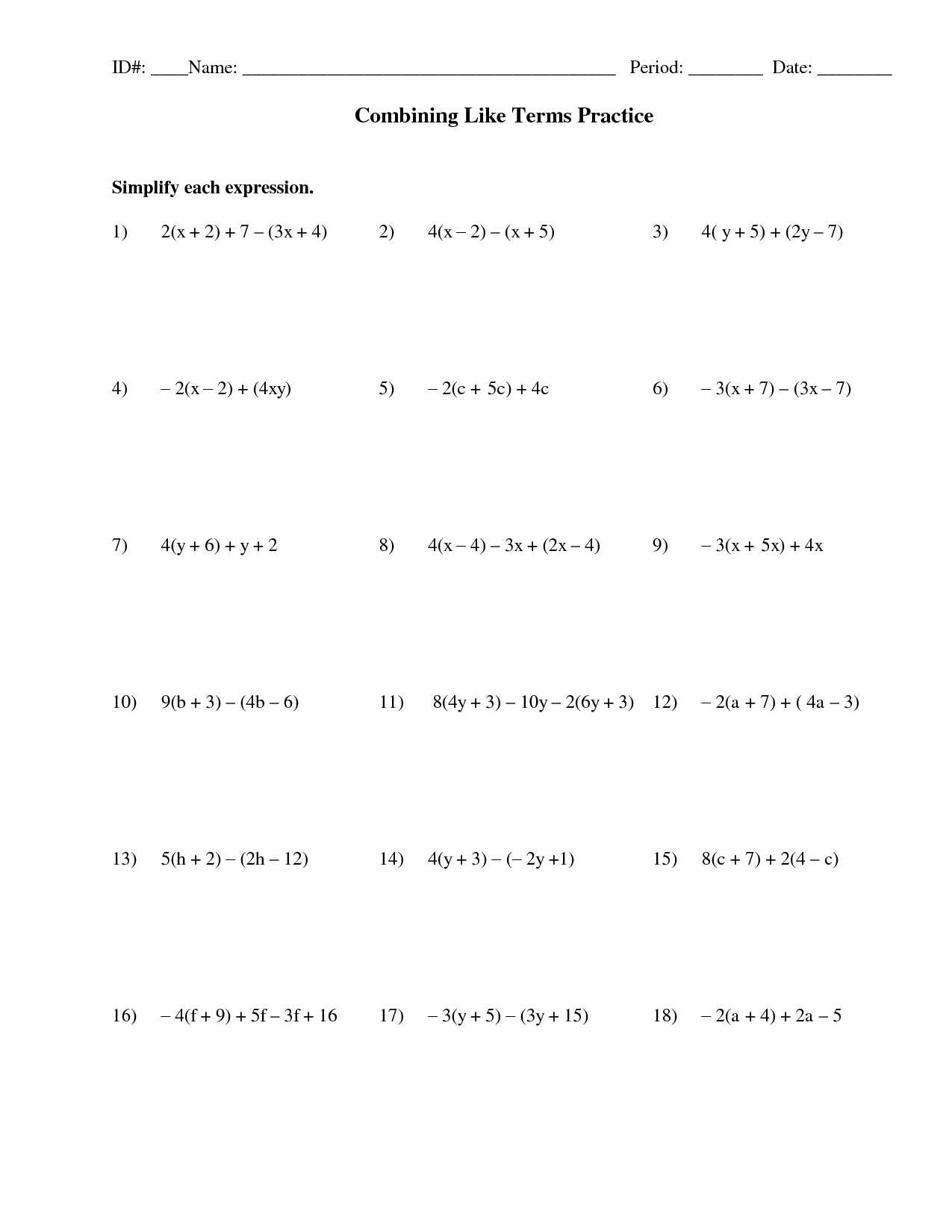 Simplifying Algebraic Expressions Worksheet Answers throughout Simplifying Algebraic Expressions Worksheet Answers