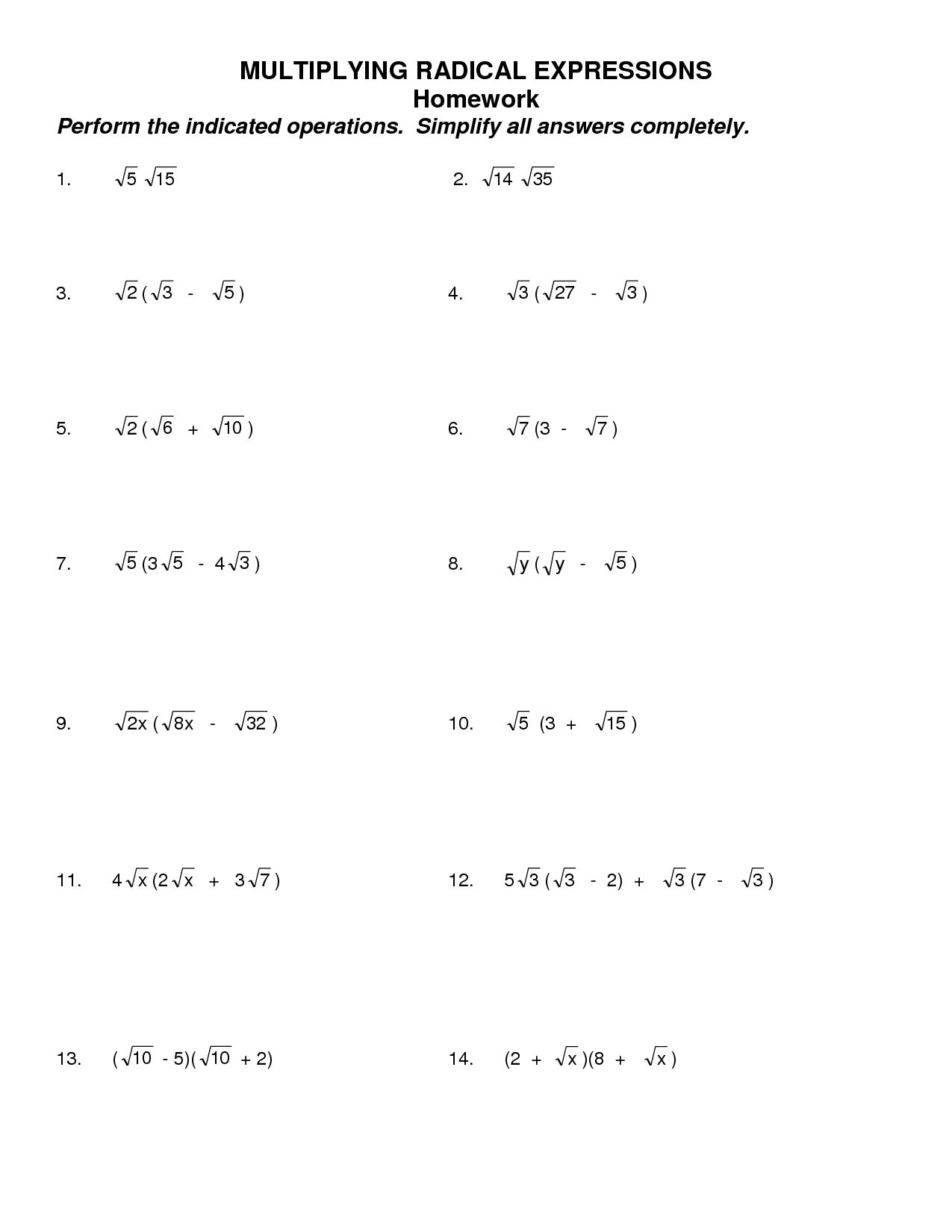 Simplifying Expressions Worksheet With Answers Pertaining To Simplifying Radical Expressions Worksheet Answers