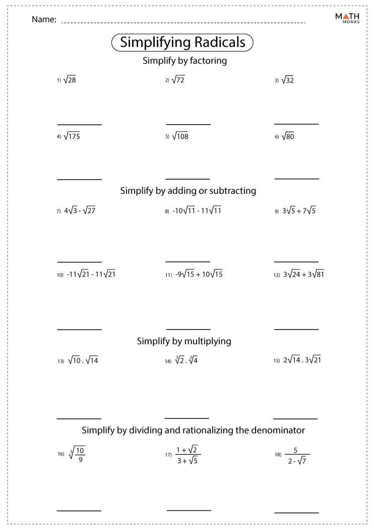 Simplifying Radicals Worksheets - Math Monks Within Simplifying Radicals Worksheet 1 Answers