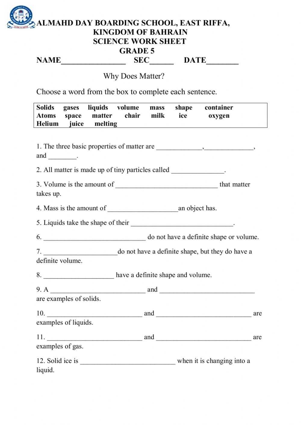 Solid, Liquid ,Gas Worksheet within Solid Liquid Gas Worksheet