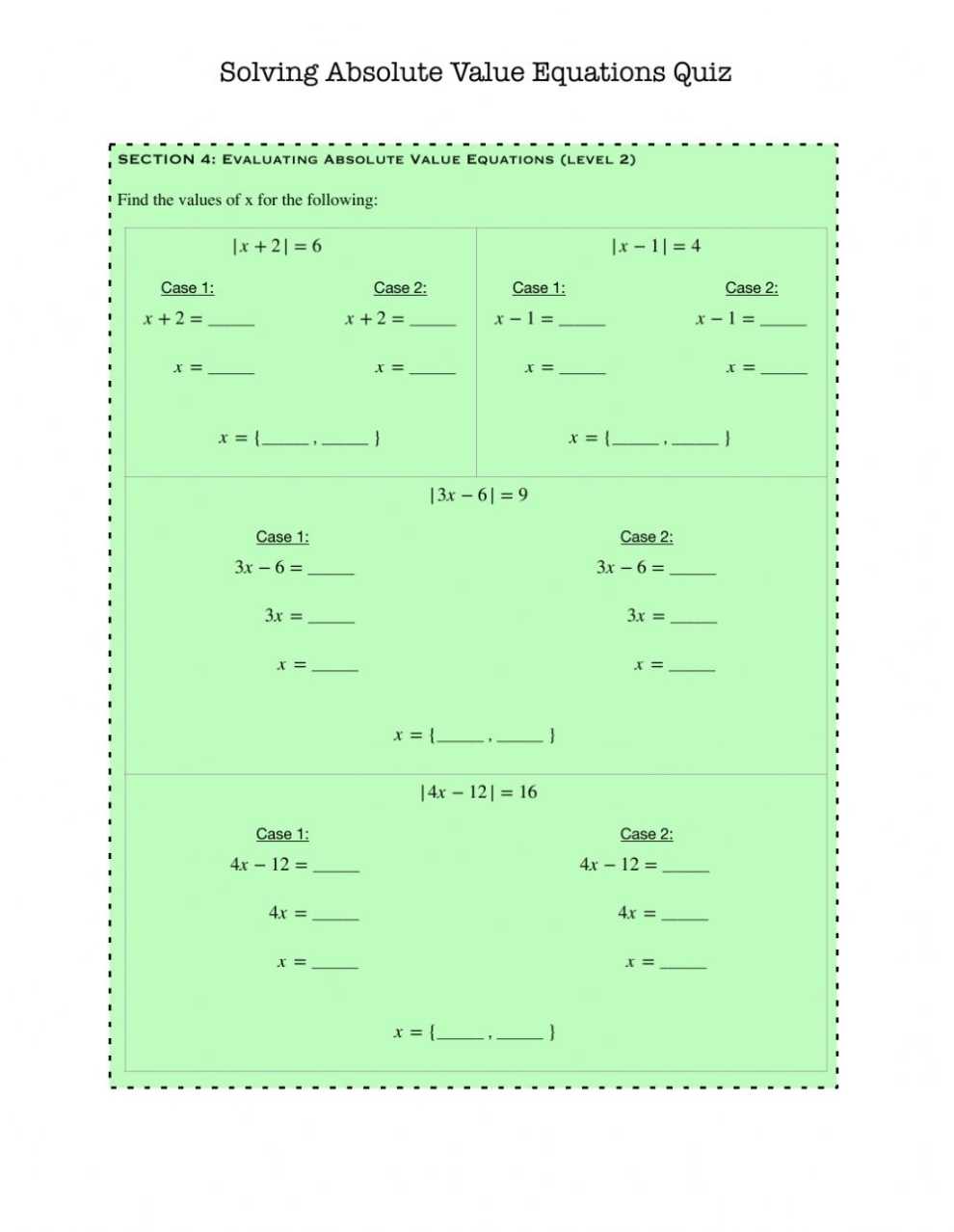 Solving Absolute Value Equations Quiz Worksheet inside Absolute Value Equations Worksheet