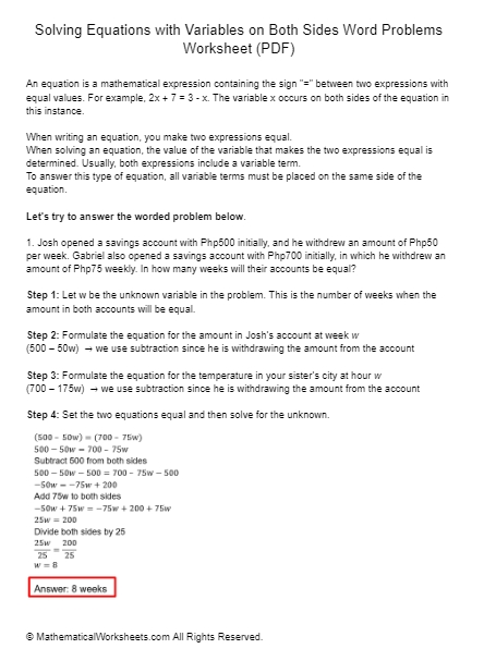 Solving Equations With Variables On Both Sides Word Problems Worksheet inside Solving Equations Word Problems Worksheet