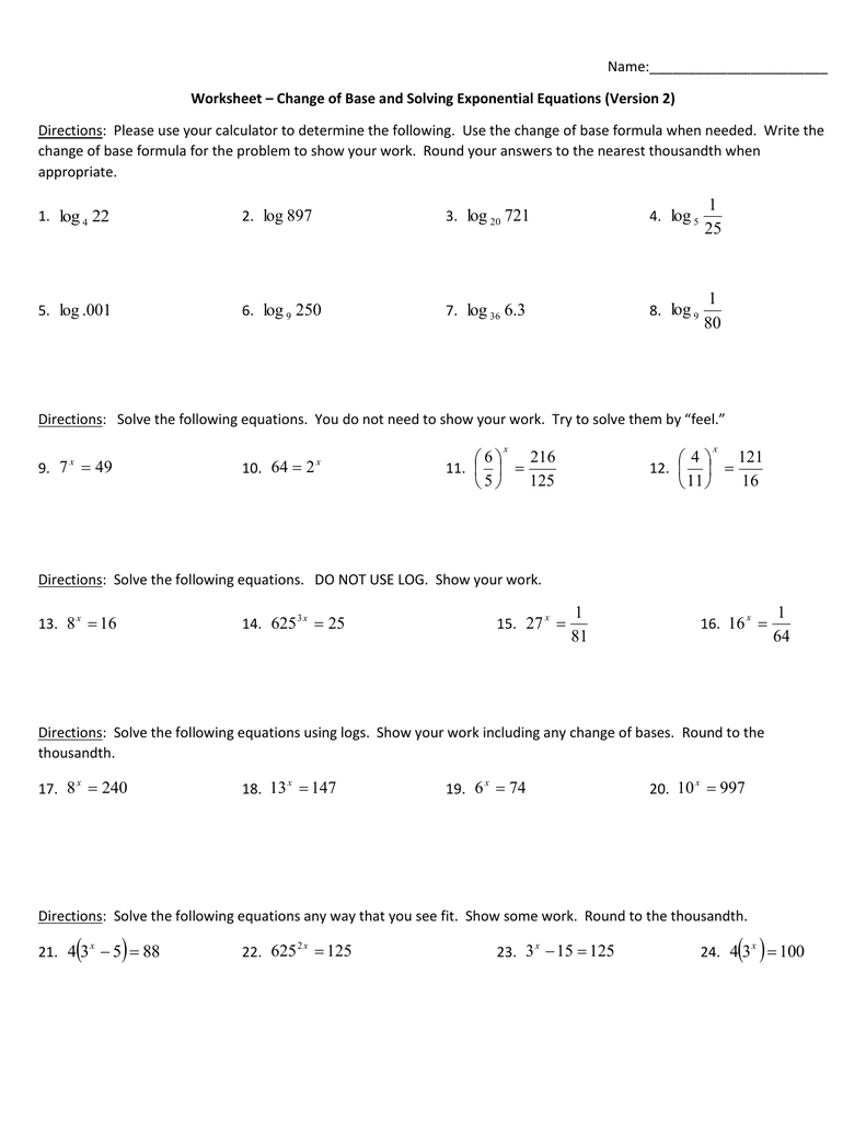 Solving Exponential Equations Worksheet regarding Solving Exponential Equations Worksheet