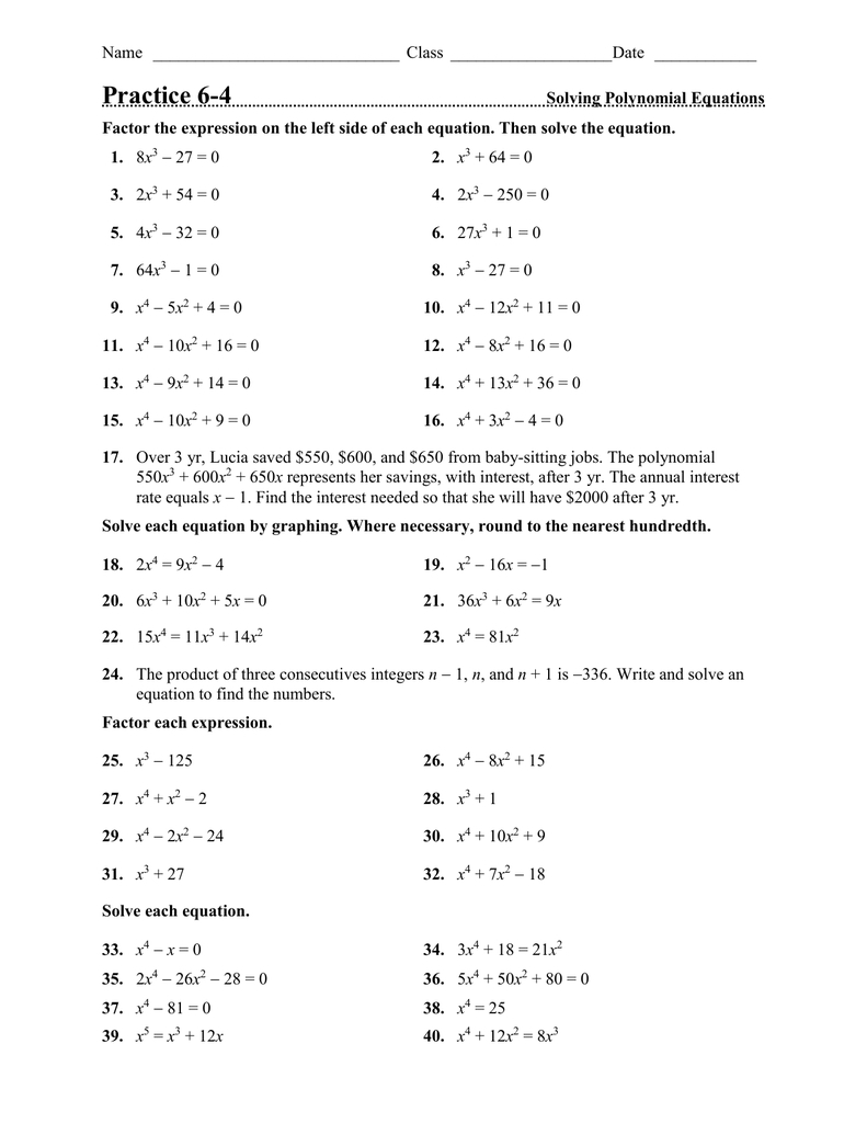 Solving Polynomial Equations Worksheet Answers — Db-Excel for Solving Polynomial Equations Worksheet Answers