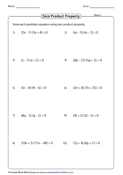 Solving Quadratic Equations Zero Product Property Worksheet - Equations regarding Zero Product Property Worksheet