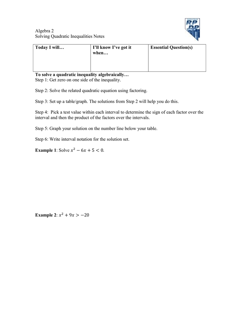 Solving Quadratic Inequalities Worksheet with regard to Solving Quadratic Inequalities Worksheet