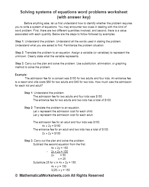 Solving Systems Of Equations Word Problems Worksheet (With Answer Key Within Solving Equations Word Problems Worksheet