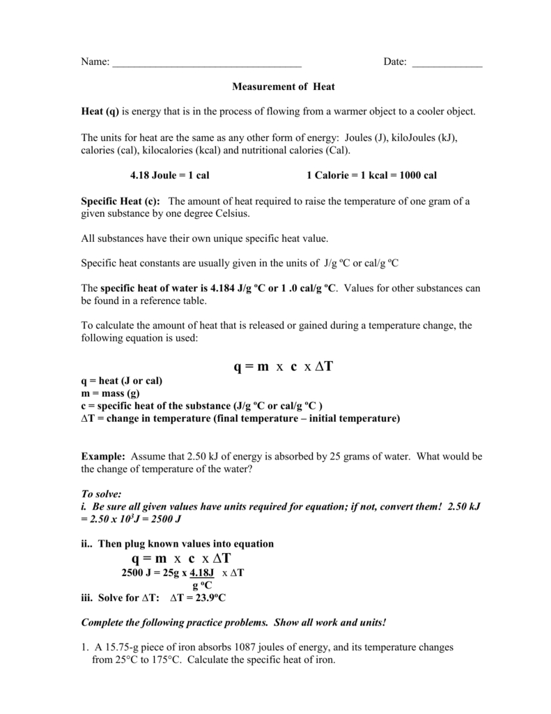 Specific Heat Practice with Calculating Specific Heat Worksheet