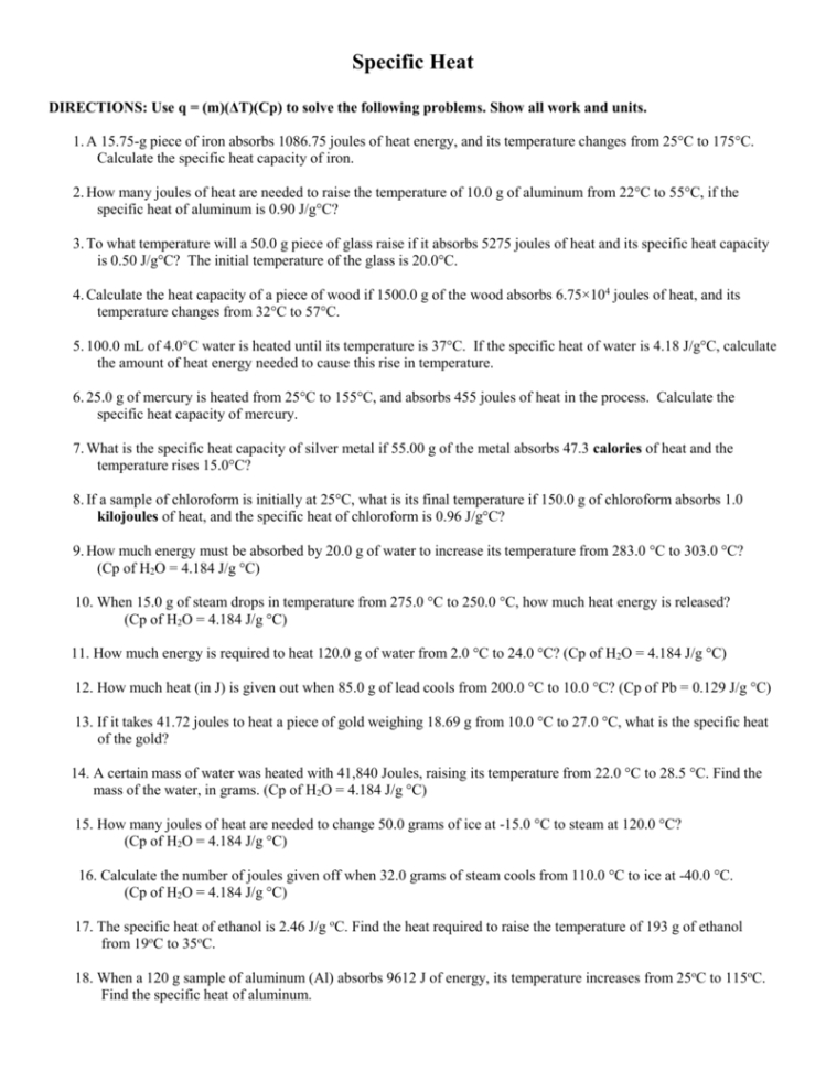 Specific Heat Practice Worksheet Answer Key — Db Excel In Specific Heat Worksheet Answer Key