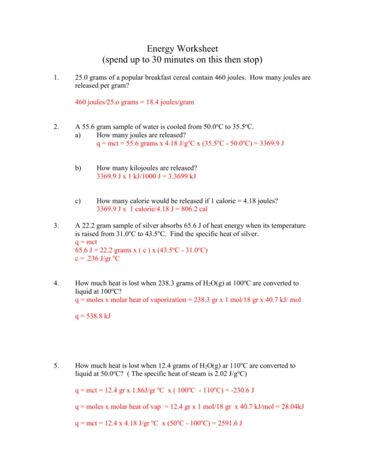 Specific Heat Problems Worksheet Answers — Db-Excel for Specific Heat Worksheet Answers
