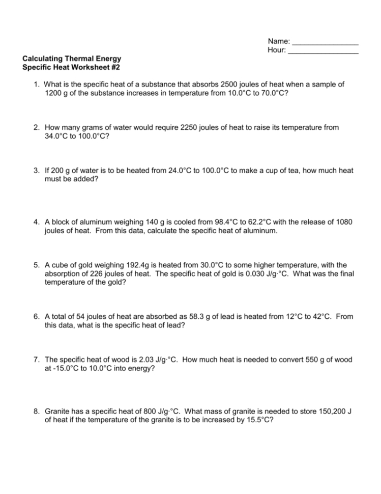 Specific Heat Worksheet Answer Key — Db Excel For Specific Heat Worksheet Answer Key