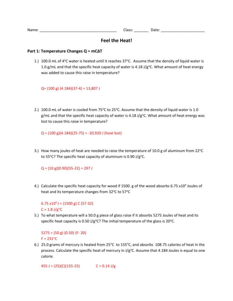 Specific Heat Worksheet Answer Key — Db-Excel in Specific Heat Worksheet Answer Key