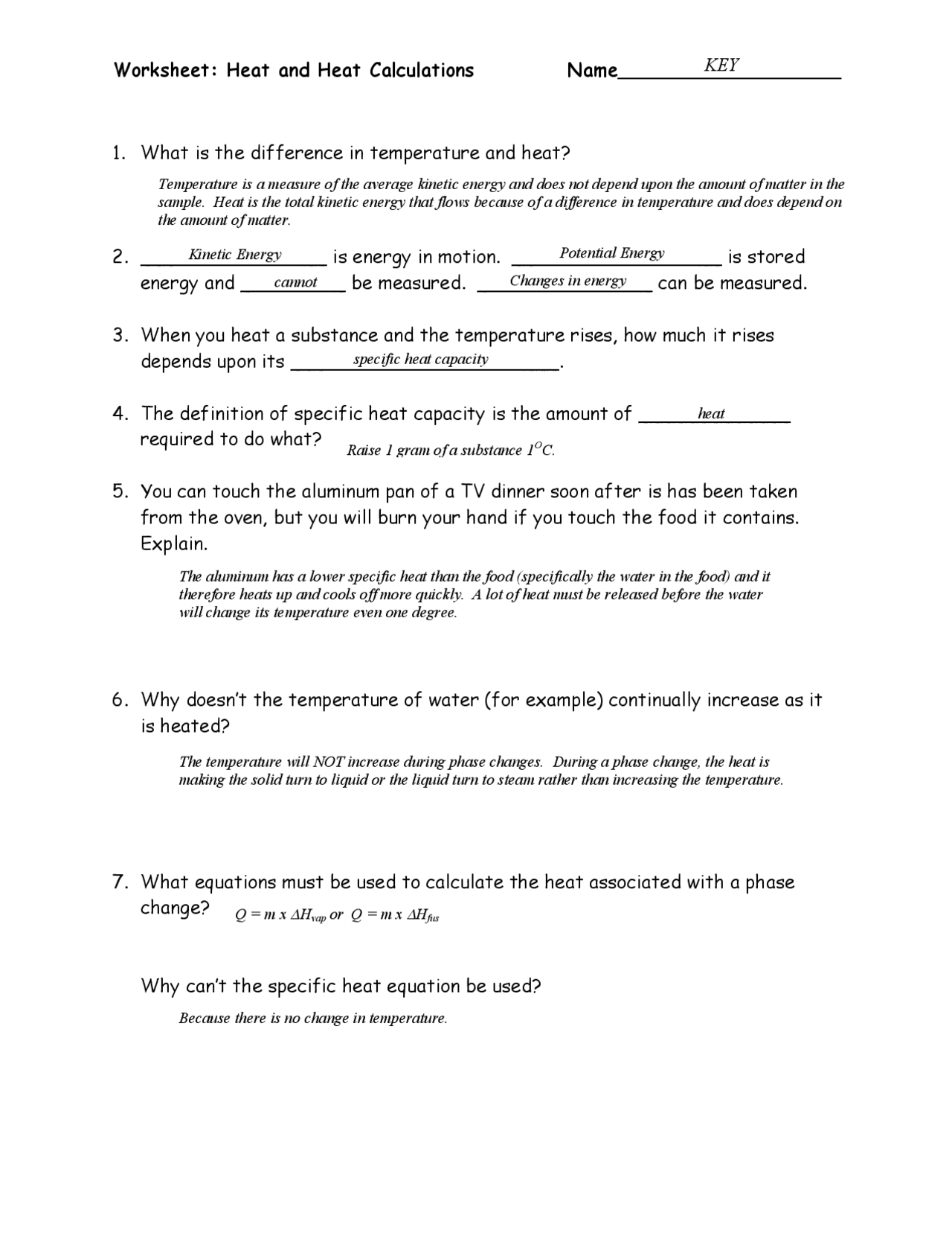 Specific Heat Worksheet Answer Key With Regard To Specific Heat Worksheet Answer Key